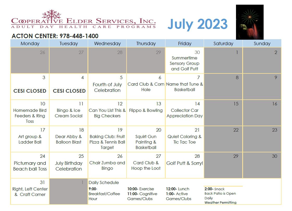 Calendar of events for Acton cooperative elder services activities July 2023